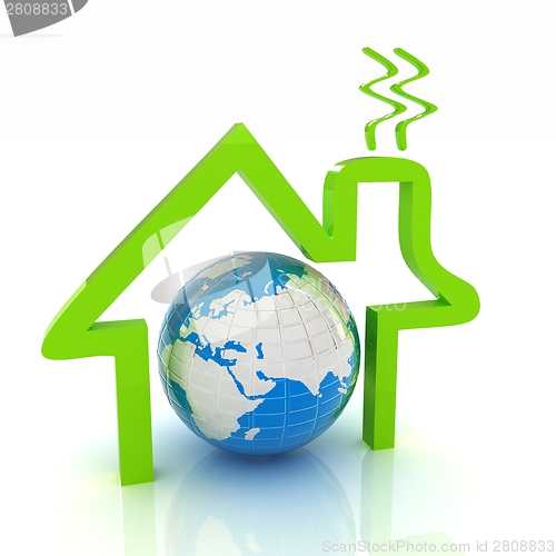 Image of 3d green icon house, earth on white background 