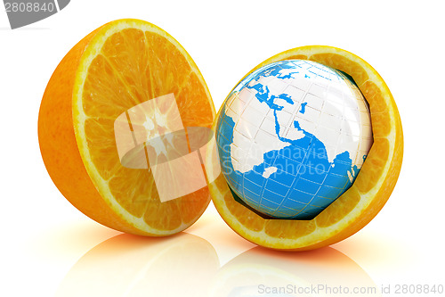 Image of Earth on orange fruit on white background. Creative conceptual i