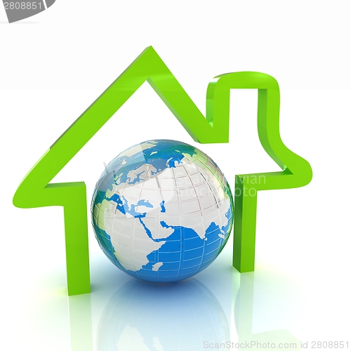 Image of 3d green icon house, earth on white background 