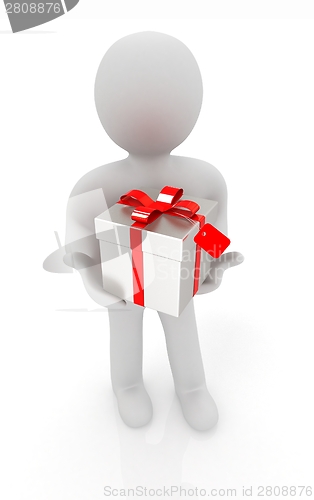 Image of 3d man and gift with red ribbon