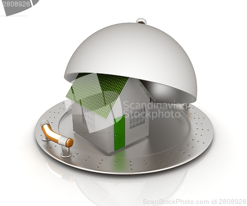 Image of house on restaurant cloche isolated on white background 