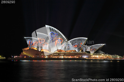 Image of SYDNEY, AUSTRALIA - JUNE 2, 2014; Sydney Opera House illuminated