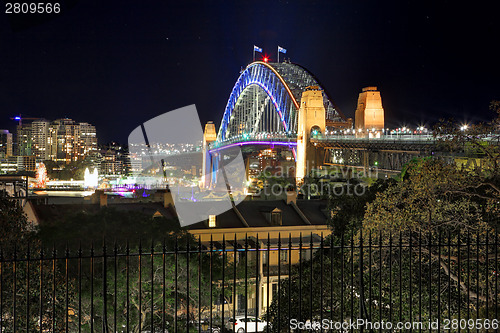 Image of SYDNEY, NSW, AUSTRALIA - JUNE 3, 2014;  Sydney Harbour Bridge during Vivid Sydney from Observatory Hill.  