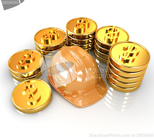 Image of gold coin ctack around hard hat on a white background 