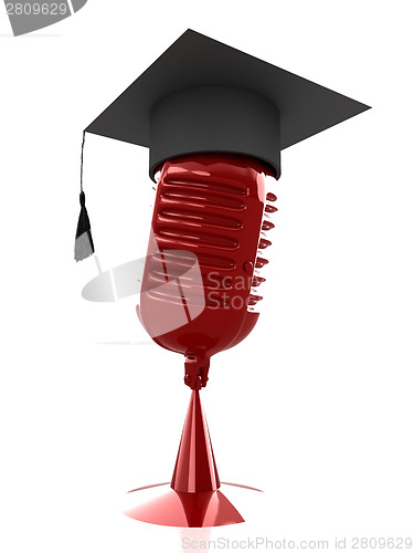 Image of New 3d concept of education with microphone and graduation hat