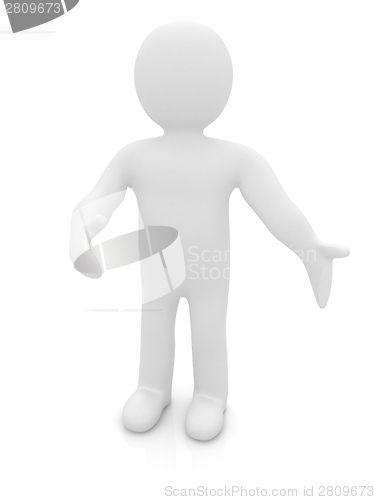 Image of Happy 3d business man showing copy space, isolated on white 