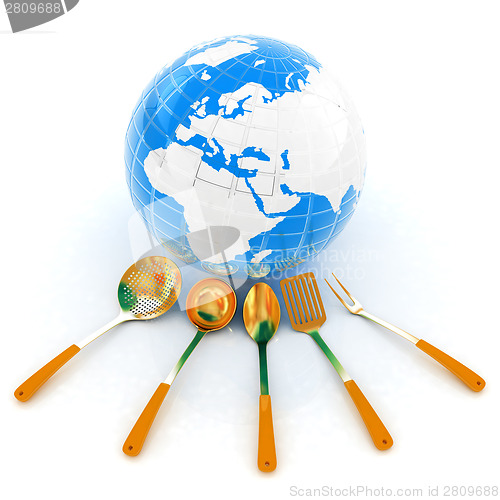 Image of cutlery on white background around Earth