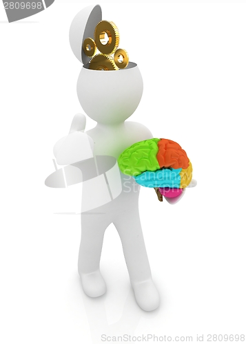 Image of 3d people - man with half head, brain and trumb up. Concept of t