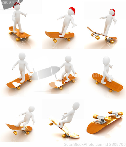 Image of Set of 3d white person with a skate and a cap. 3d image on a whi