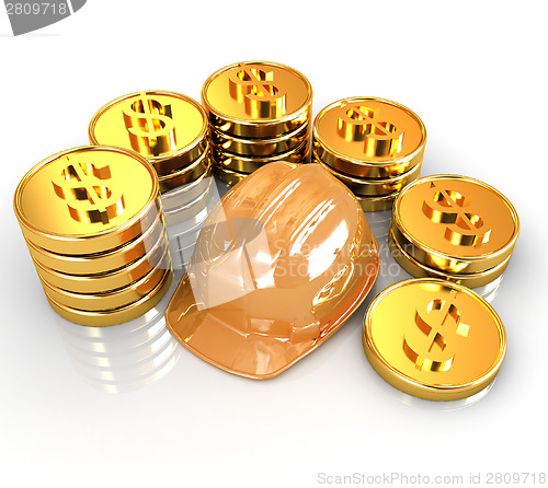 Image of gold coin ctack around hard hat on a white background 