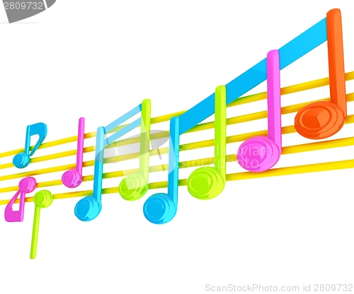 Image of Various music notes on stave. Colorfull 3d