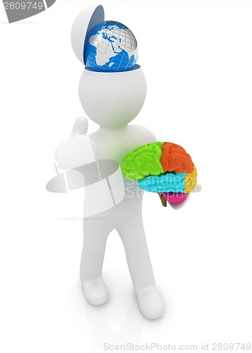 Image of 3d people - man with half head, brain and trumb up. Traveling co