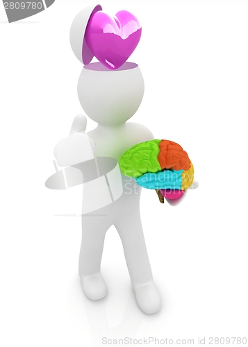 Image of 3d people - man with half head, brain and trumb up. Love concept