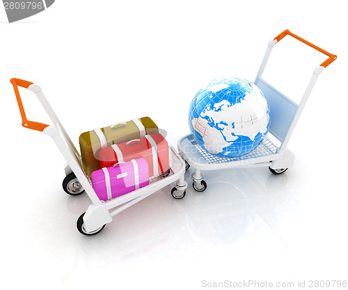 Image of Trolley for luggage at the airport and earth. International tour