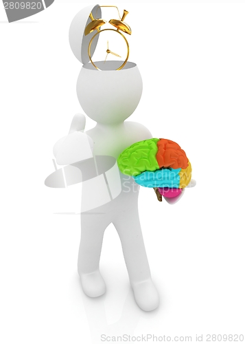 Image of 3d people - man with half head, brain and trumb up. Time concept