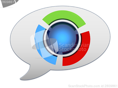 Image of messenger window icon and blue sphere and colorful semi-circles 