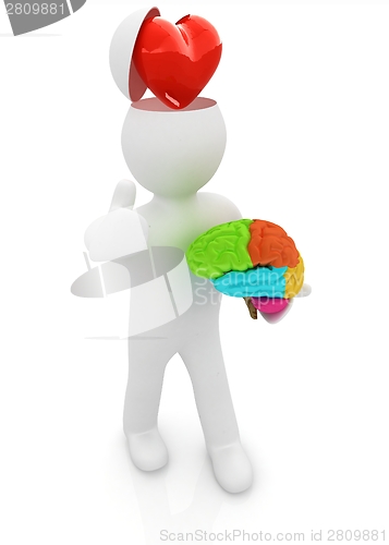 Image of 3d people - man with half head, brain and trumb up. Love concept