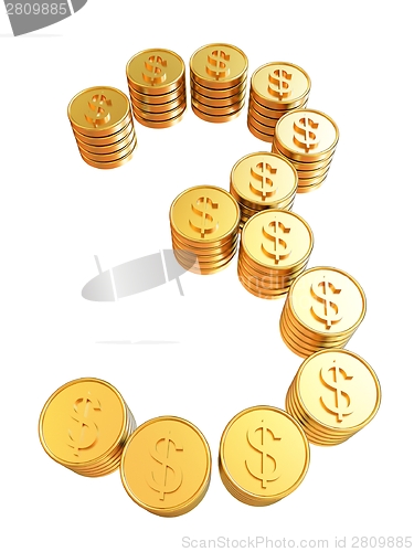 Image of Number "three" of gold coins with dollar sign