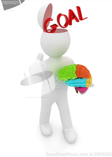 Image of 3d people - man with half head, brain and trumb up. Goal concept