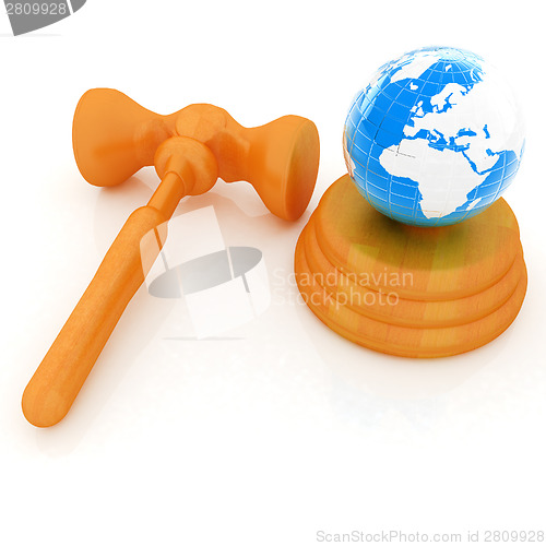 Image of Wooden gavel and earth isolated on white background. Global auct