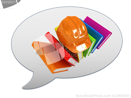 Image of messenger window icon and Hard hat on a colorful books 