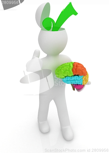 Image of 3d people - man with half head, brain and trumb up. Choice conce