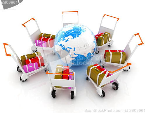 Image of Trolley for luggage at the airport and earth. International tour