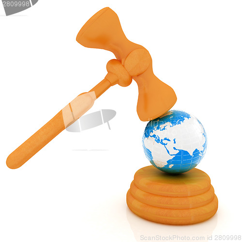 Image of Wooden gavel and earth isolated on white background. Global auct