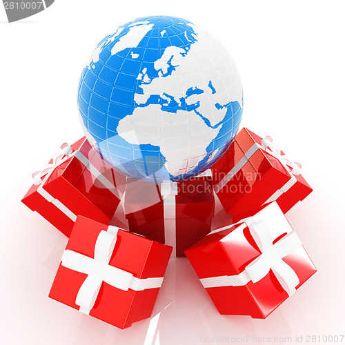 Image of Traditional Christmas gifts and earth. Global holiday concept 