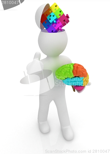 Image of 3d people - man with half head, brain and trumb up. Idea concept