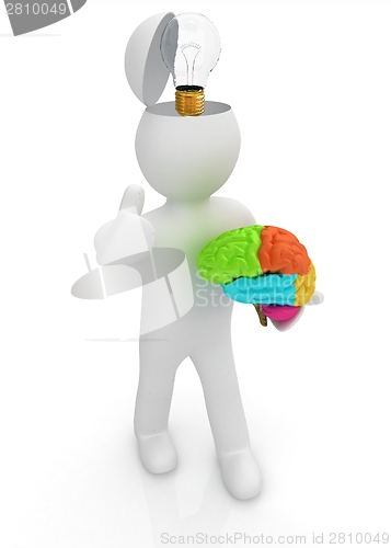 Image of 3d people - man with half head, brain and trumb up. Idea concept