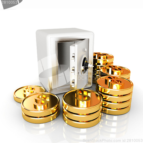 Image of open a bank vault with a bunch of gold coins. isolated on white.