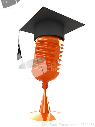 Image of New 3d concept of education with microphone and graduation hat