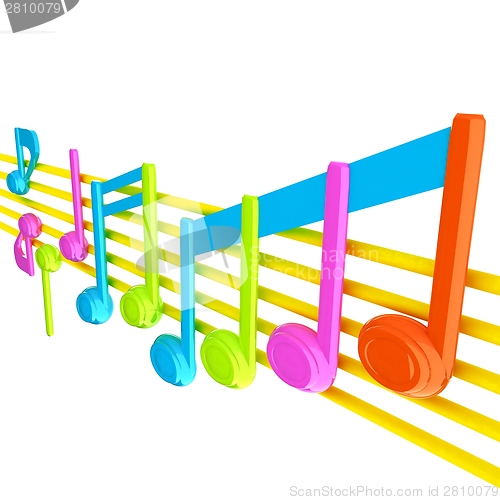 Image of Various music notes on stave. Colorfull 3d