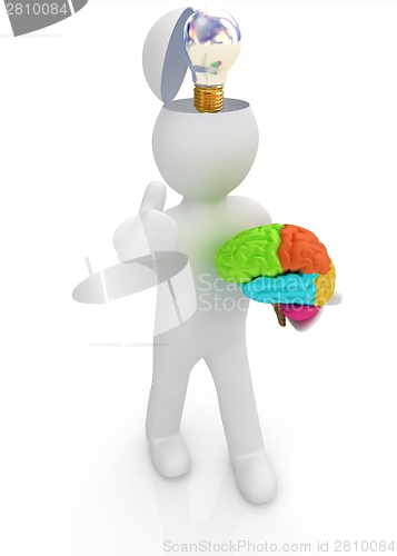 Image of 3d people - man with half head, brain and trumb up. Idea concept