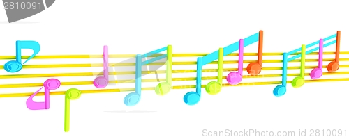 Image of Various music notes on stave. Colorfull 3d