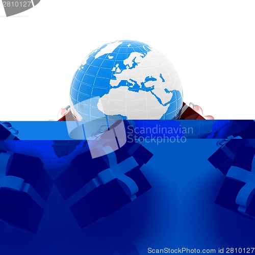 Image of Traditional Christmas gifts and earth. Global holiday concept 