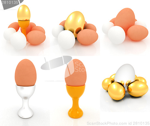 Image of Eggs, gold easter egg and egg cups. Easter set