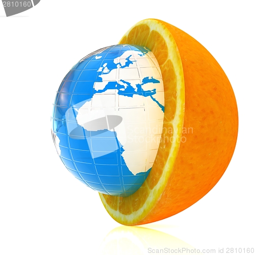 Image of Earth on orange fruit. Creative conceptual image. 
