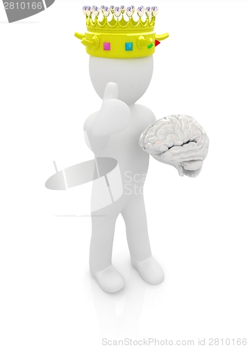 Image of 3d people - man, person with a golden crown. King with brain