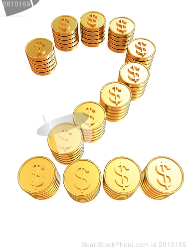Image of Number ""two"" of gold coins with dollar sign