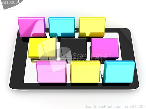 Image of Tablet PC with colorful CMYK application icons isolated on white