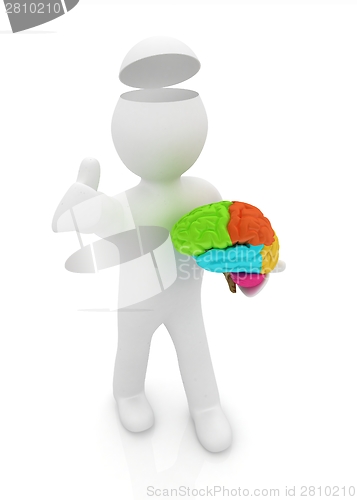 Image of 3d people - man with half head, brain and trumb up. 