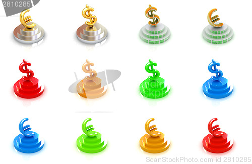 Image of Set icon euro and dollar sign on podium on a white background 