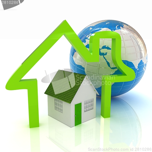 Image of 3d green house, earth and icon house on white background 