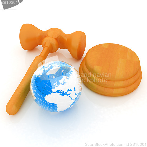 Image of Wooden gavel and earth isolated on white background. Global auct