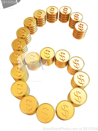 Image of Number "six" of gold coins with dollar sign