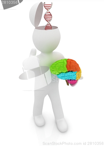 Image of 3d people - man with half head, brain and trumb up. Medical conc