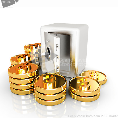Image of open a bank vault with a bunch of gold coins. isolated on white.