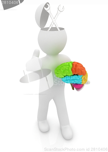 Image of 3d people - man with half head, brain and trumb up. Service conc